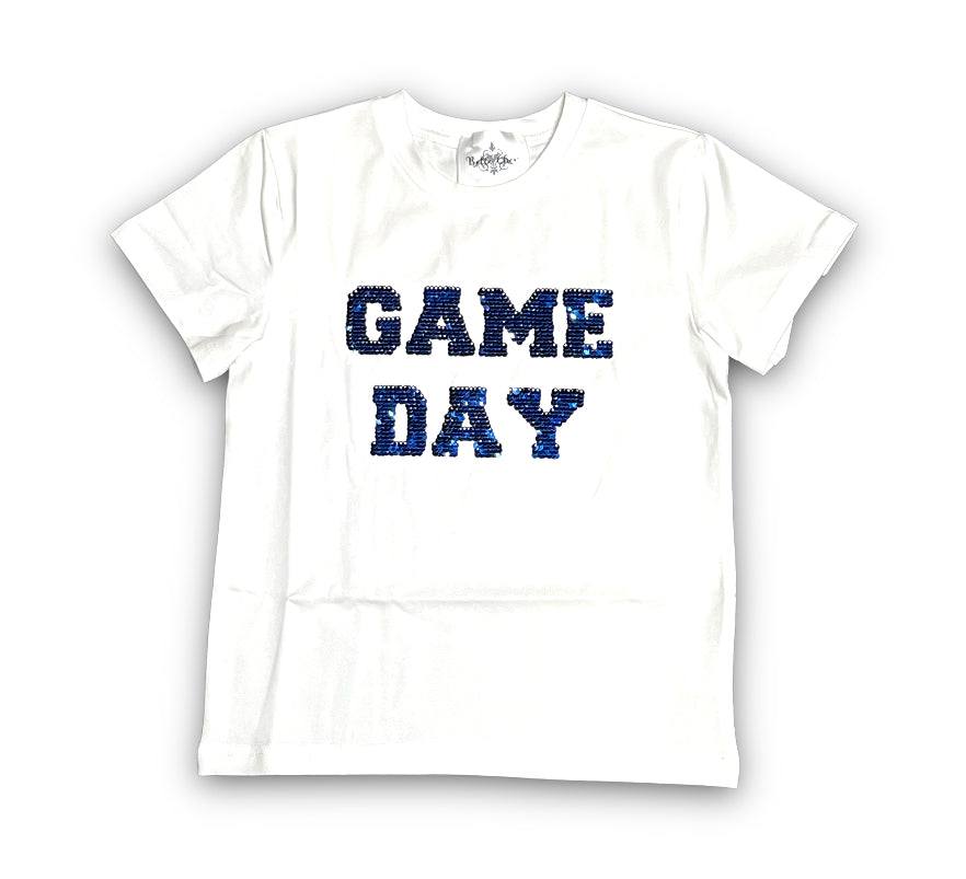 Kids royal blue and white flip sequin shirt with "GAME DAY" text on white fabric