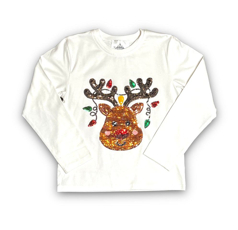 White kid's long sleeve shirt with reindeer sequin design and holiday lights decoration