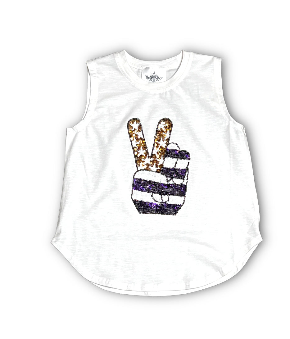 White kid tank top with sequin peace sign design and text "peace out" style, Peace Out Sequin Kid Tank