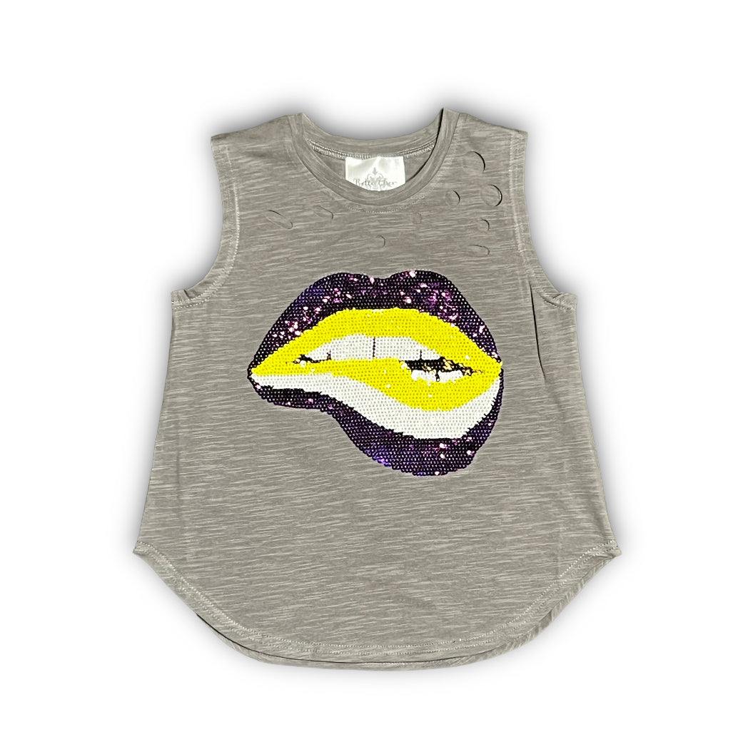 Gray kid's tank top with yellow and purple sequin lips design, comfortable fabric Lips Sequin Kid's Tank