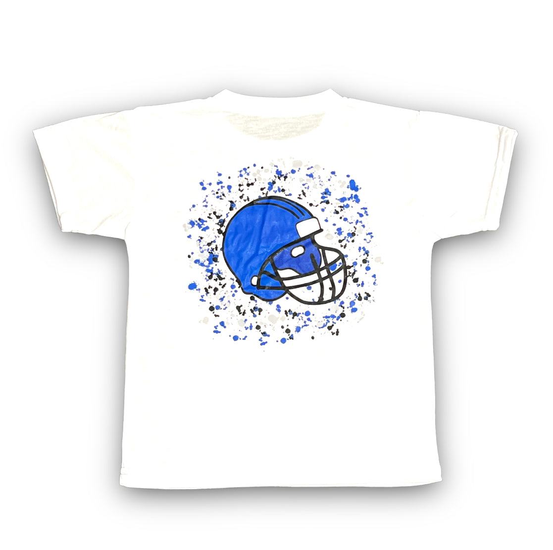White kid T-shirt with blue helmet graphic on back, 100% polyester Blue Helmet Kid T-shirt