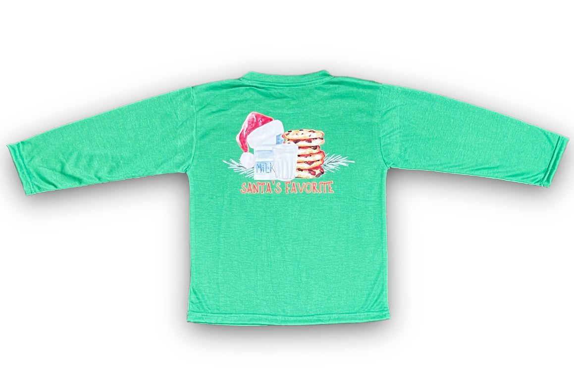 Green kids long sleeve shirt with Santa hat, milk carton, cookies, and "Santa's Favorite" text on back