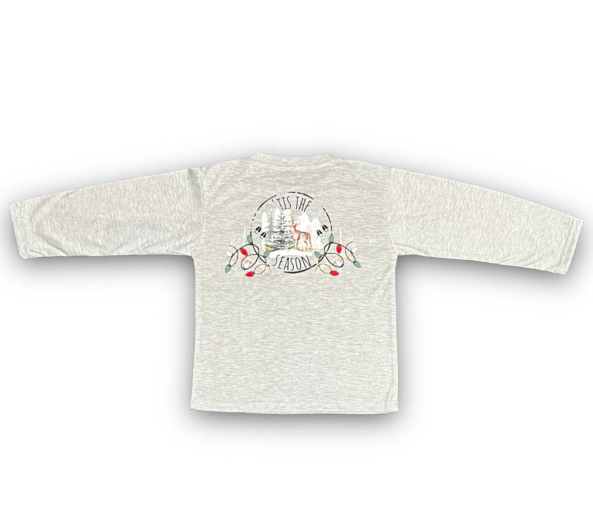Kids Tis the Season long sleeve shirt with Christmas design and light-colored cotton blend fabric