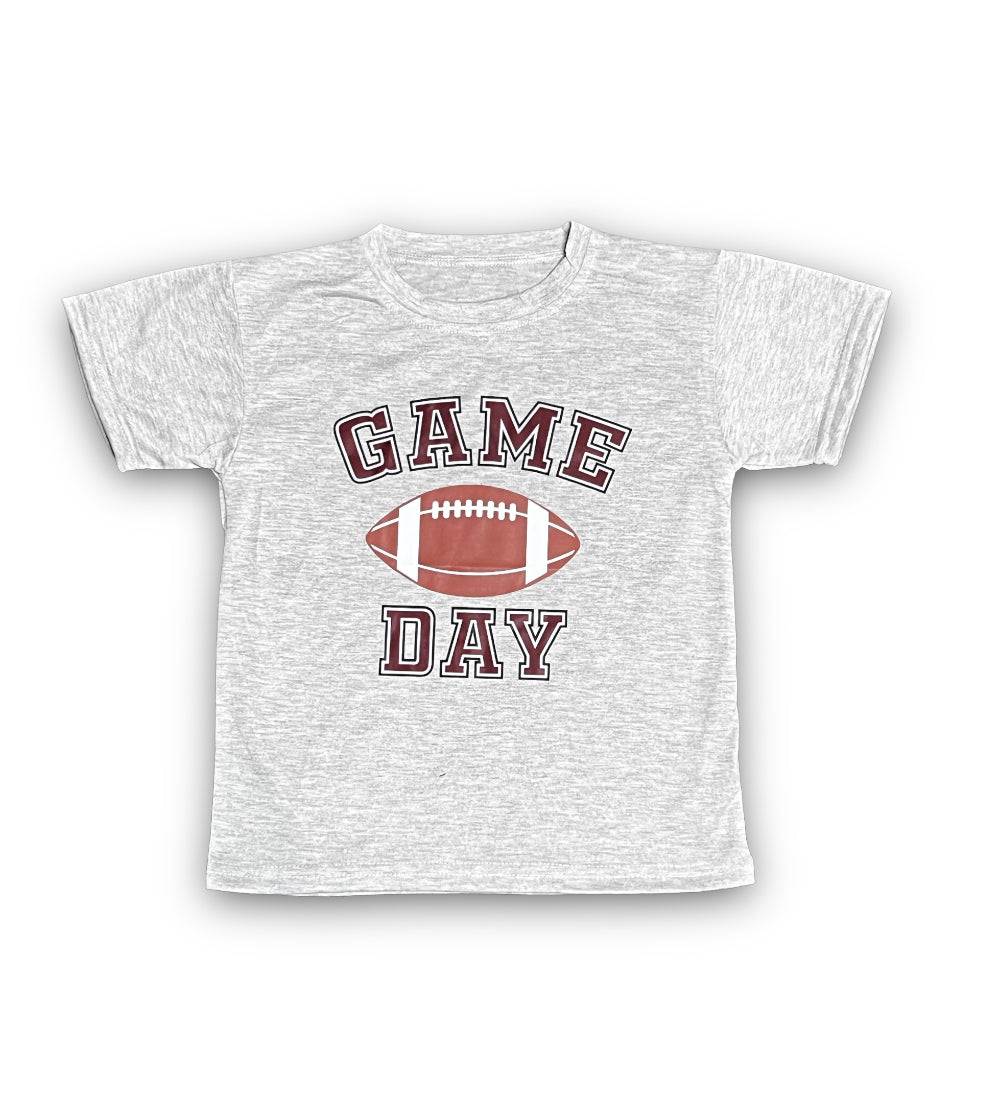 Maroon Game Day Kid T-shirt with football graphic and text on gray background