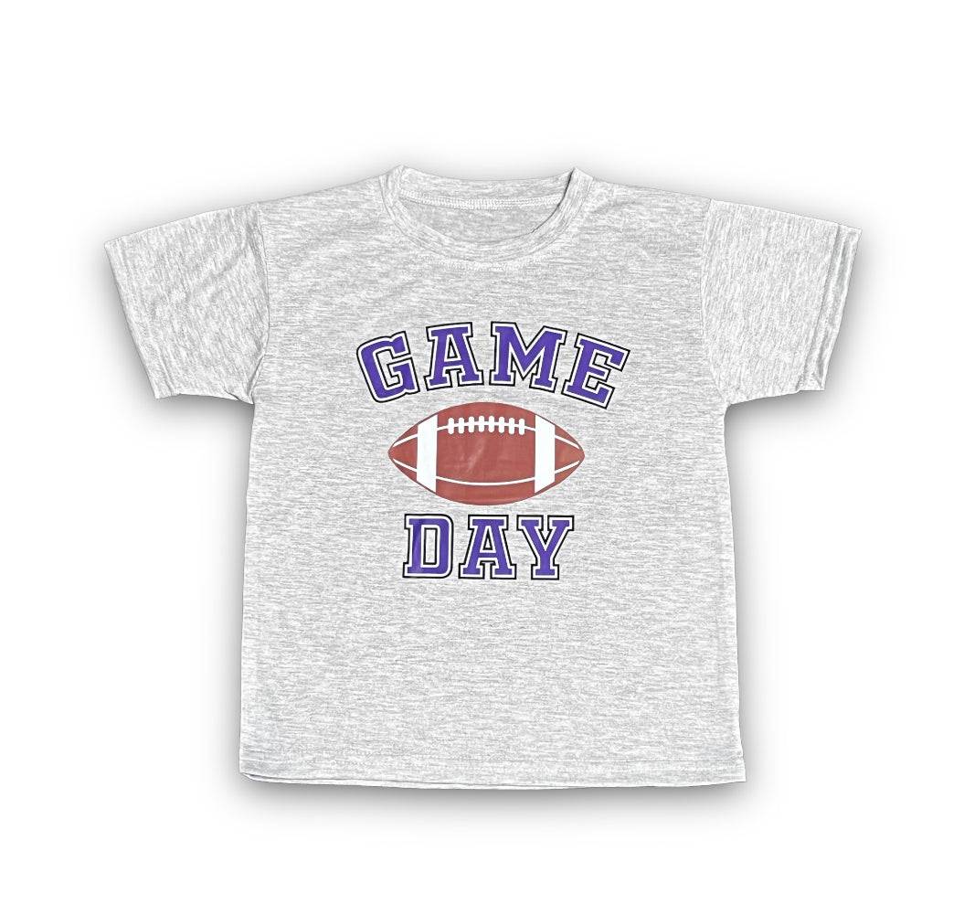 Gray T-shirt with purple "GAME DAY" text and football graphic, game day t-shirt design