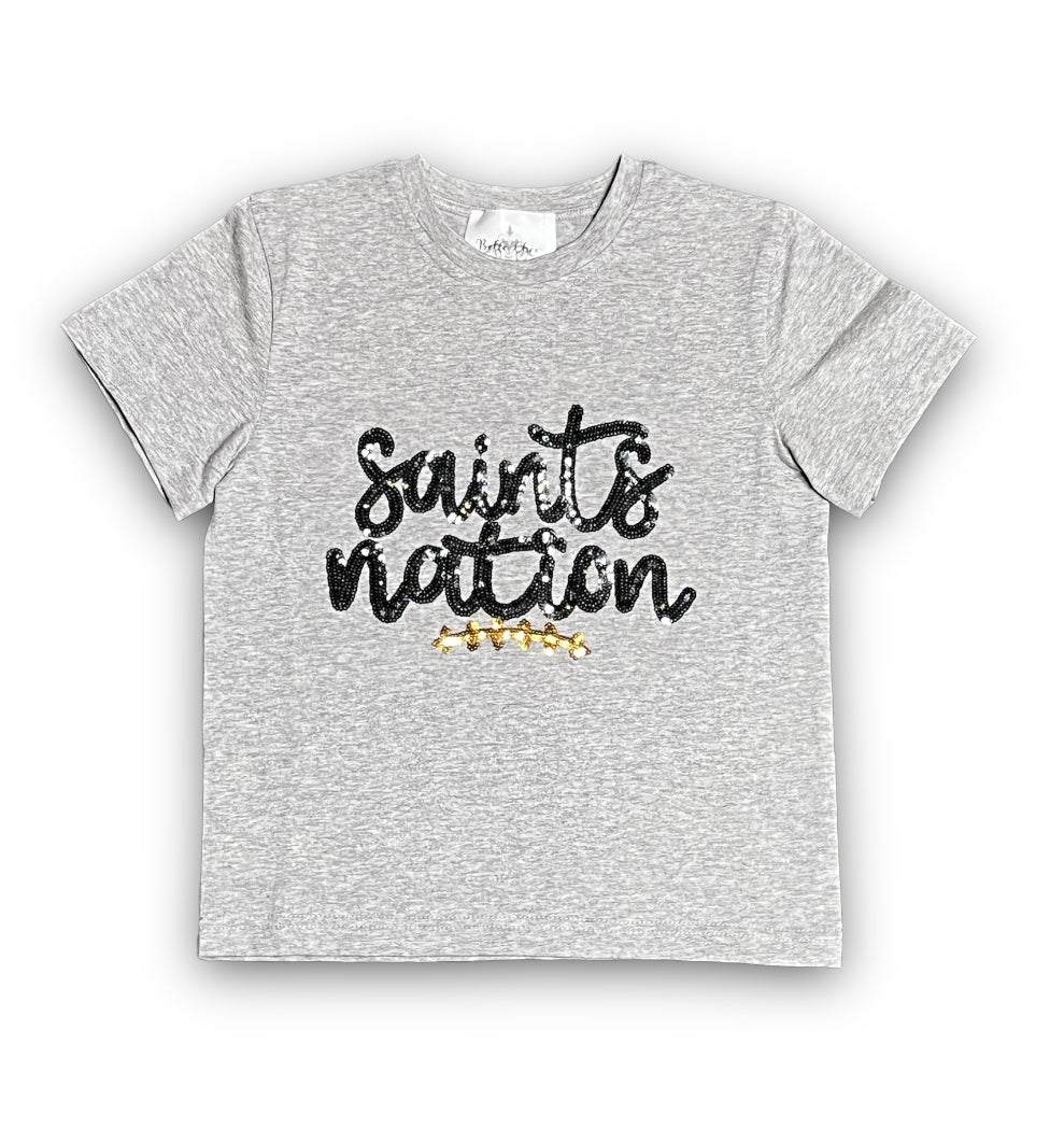 Grey Saints Nation Sequin Shirt with black and gold sequined text design