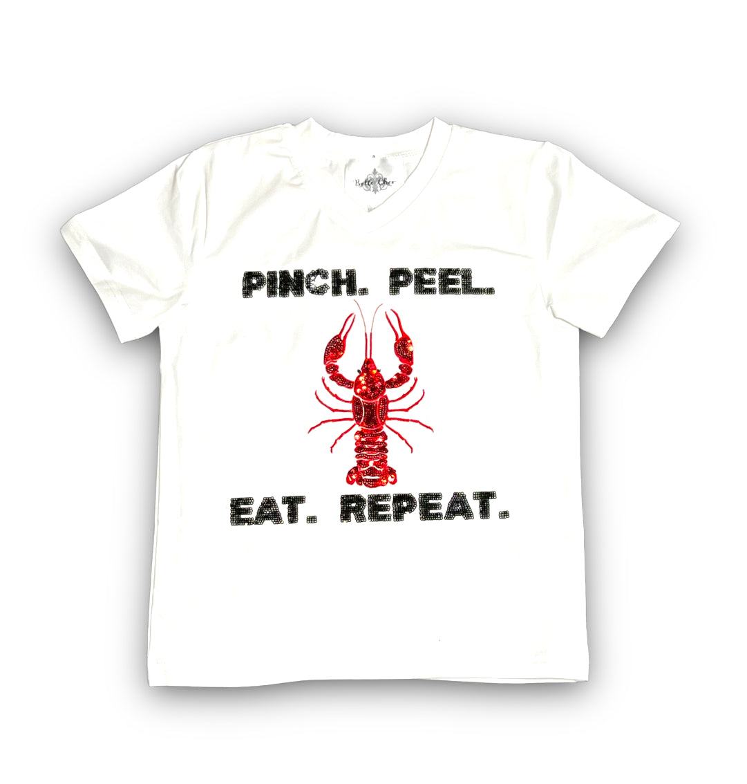 White kids shirt with sequin red crawfish and text Pinch Peel Eat Repeat Crawfish Sequin Kids Shirt
