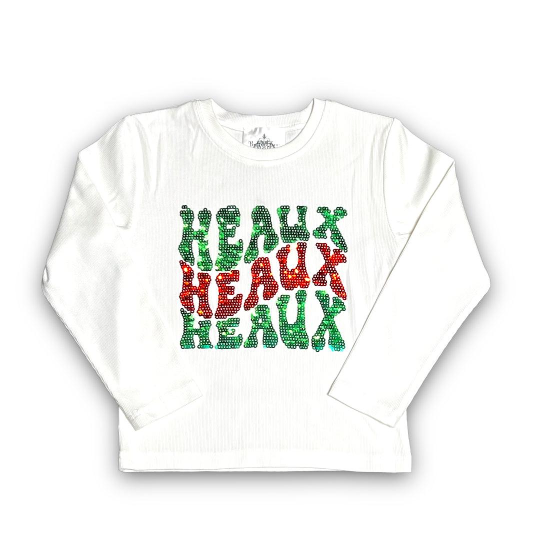 Heaux Heaux Heaux long sleeve white shirt with green and red sequin lettering design