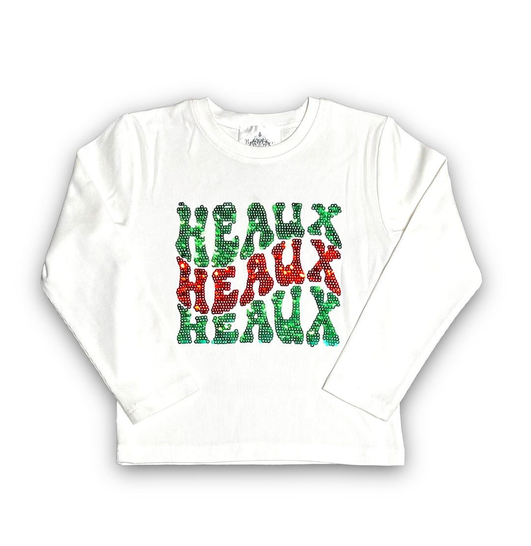 White long sleeve sequin shirt with Heaux Heaux Heaux text design