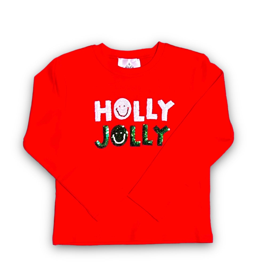 Red Holly Jolly long sleeve kid shirt with sparkling sequin text design