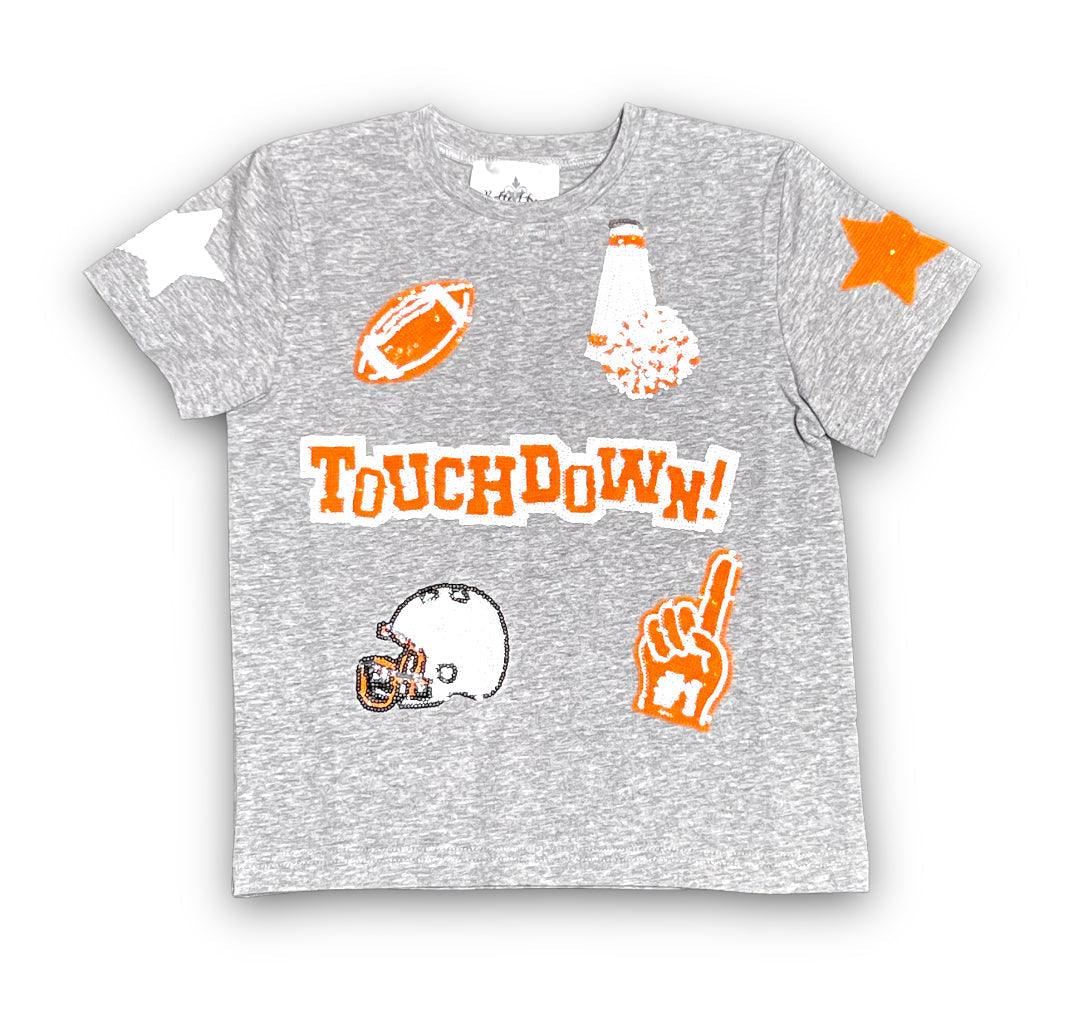 Kids gray shirt with orange and white football collage sequin design and "Touchdown" text