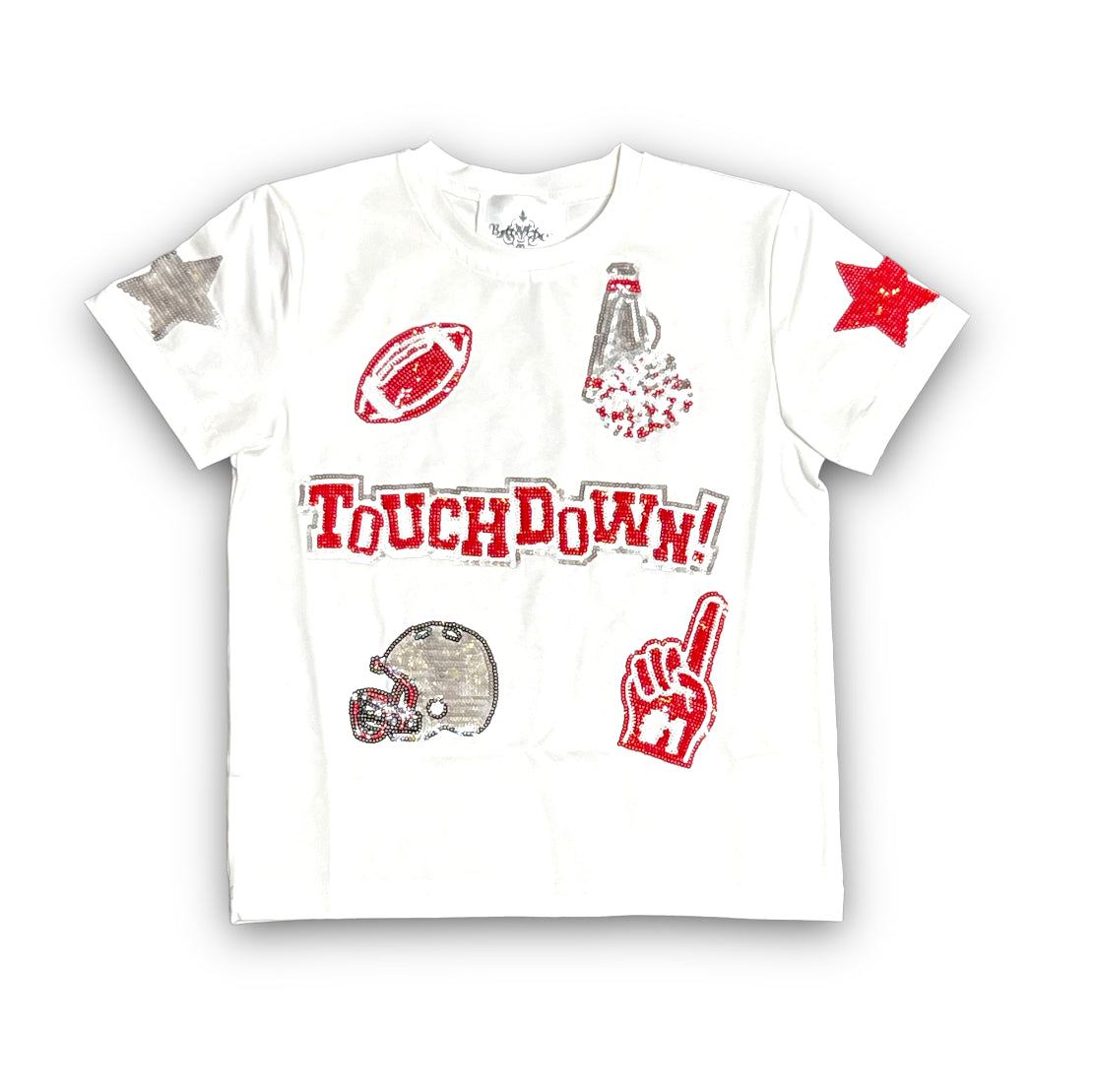Red and gray football collage kids sequin shirt with touchdown text and sports icons