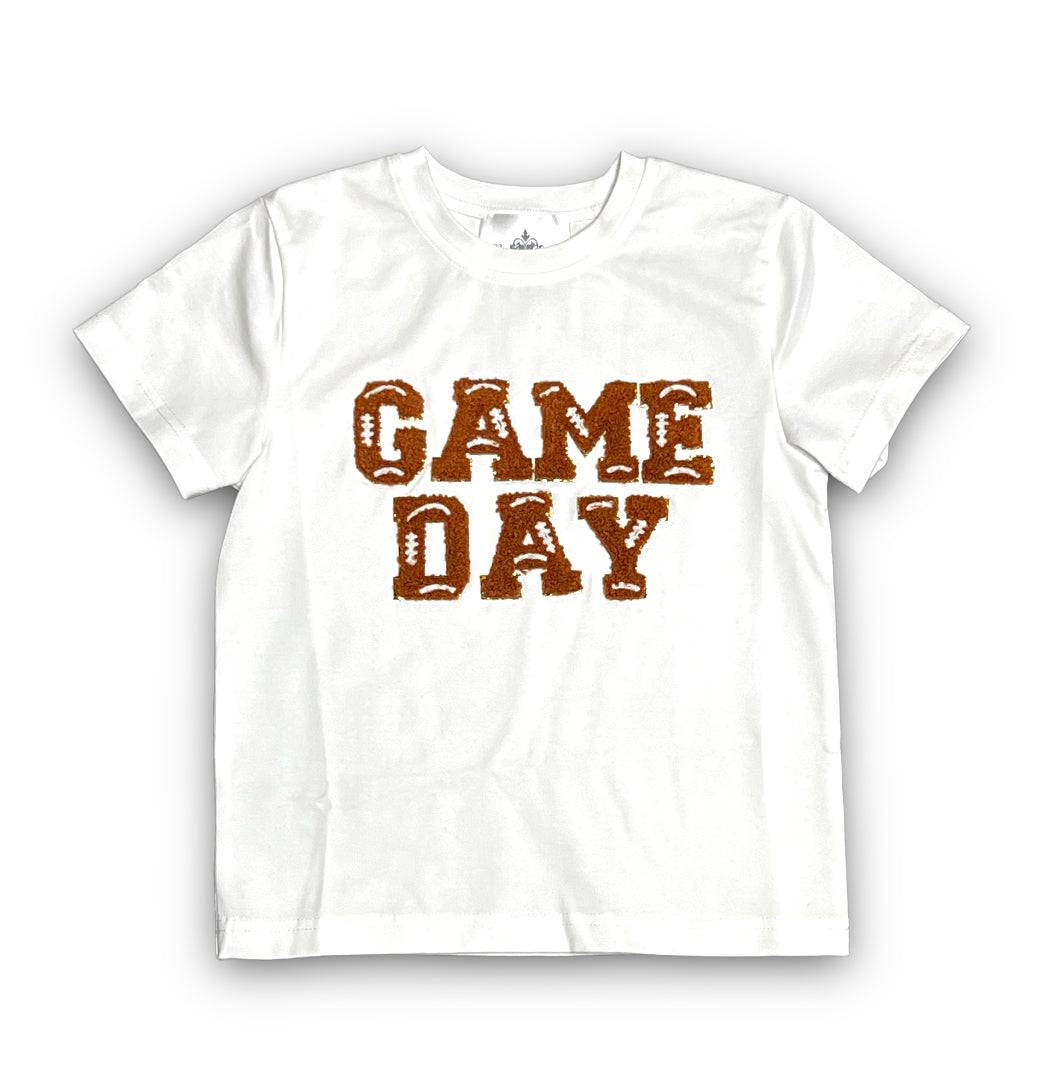 White kid's shirt with brown chenille "GAME DAY" text for game day spirit