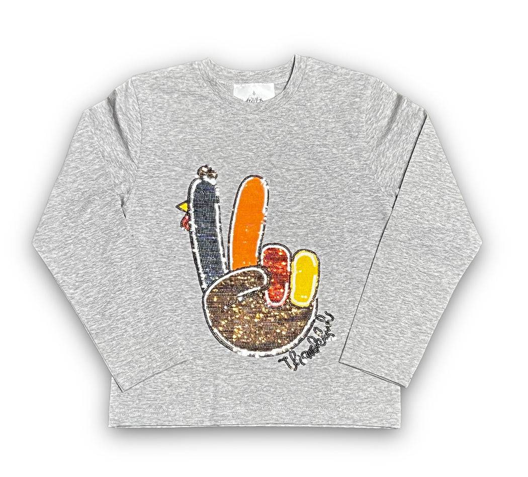 Turkey long sleeve adult shirt with sequin turkey hand design on gray fabric