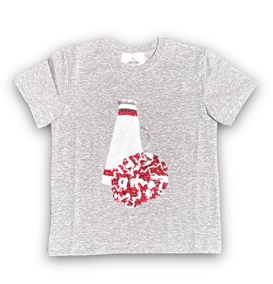 Gray kid's shirt with red and white megaphone sequins design