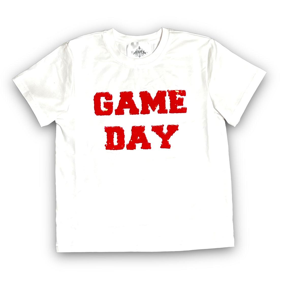 Kids white T-shirt with red "GAME DAY" text, not a red and navy flip sequin shirt