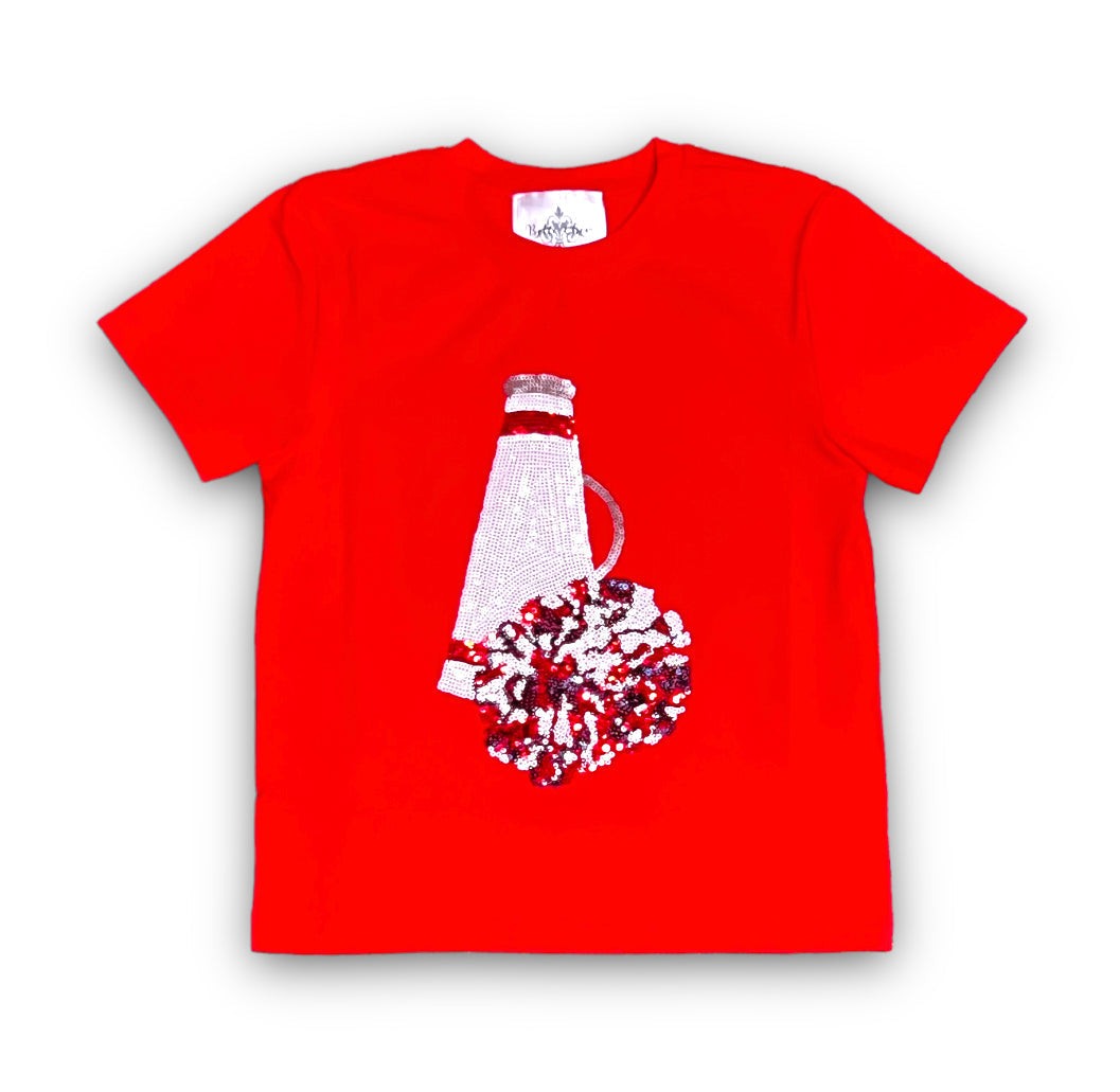 Red and Navy Megaphone Sequin Kid's Shirt with sparkling cheerleader design
