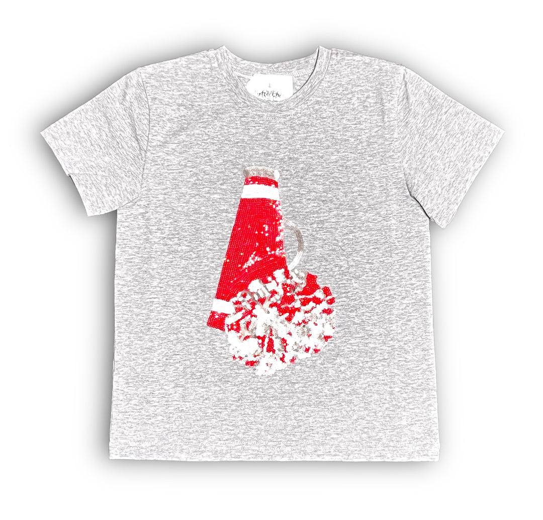 Gray kid shirt with red and white sequin megaphone design