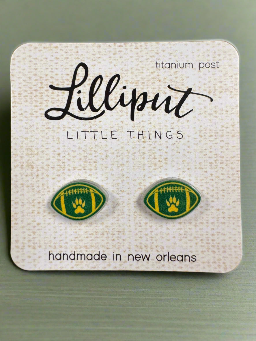Lilliput Little Things handmade lion paw football earrings with titanium posts and waterproof acrylic design