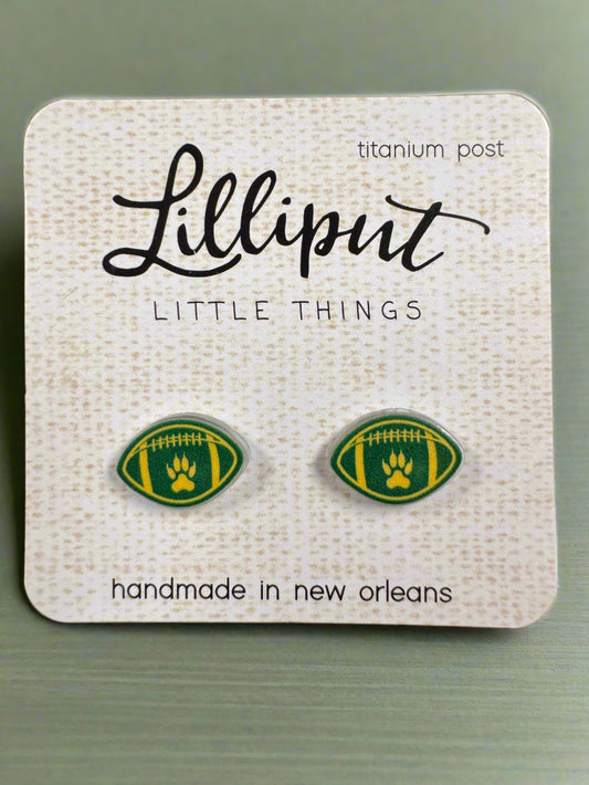 Lilliput Little Things handmade lion paw football earrings with titanium posts and waterproof acrylic design