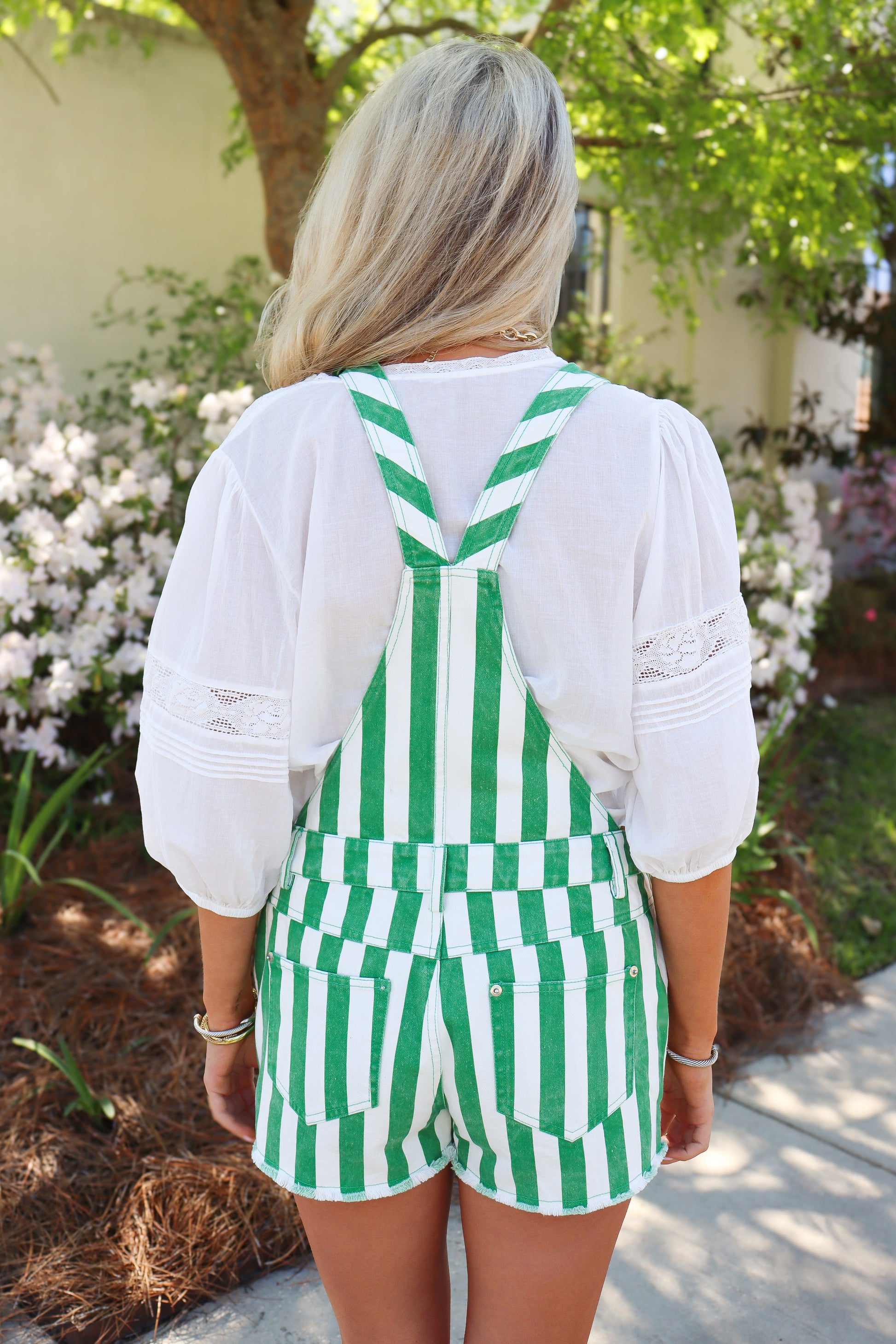 Green Striped Denim Overalls - side view