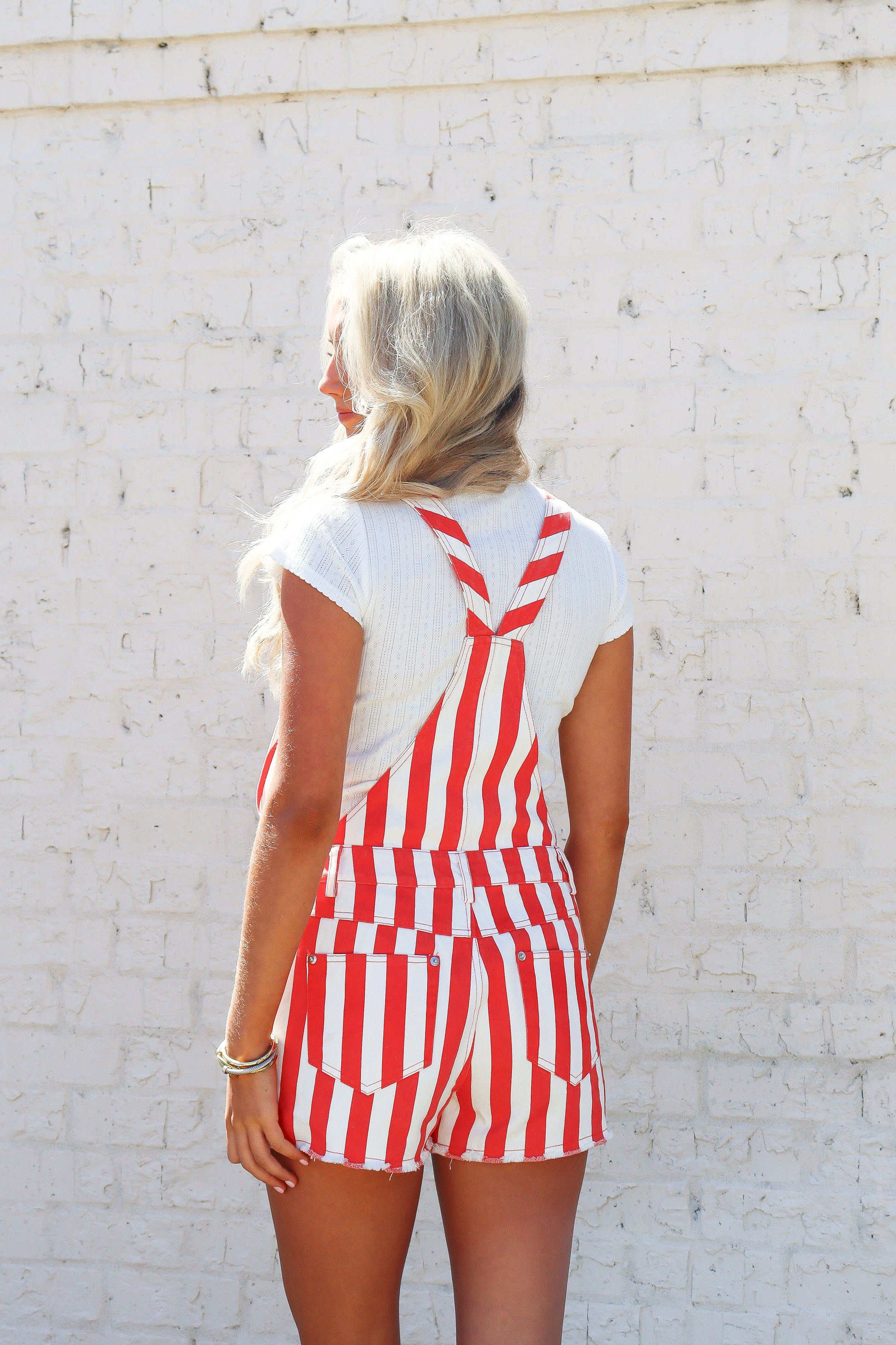 Red Striped Denim Overalls - back view