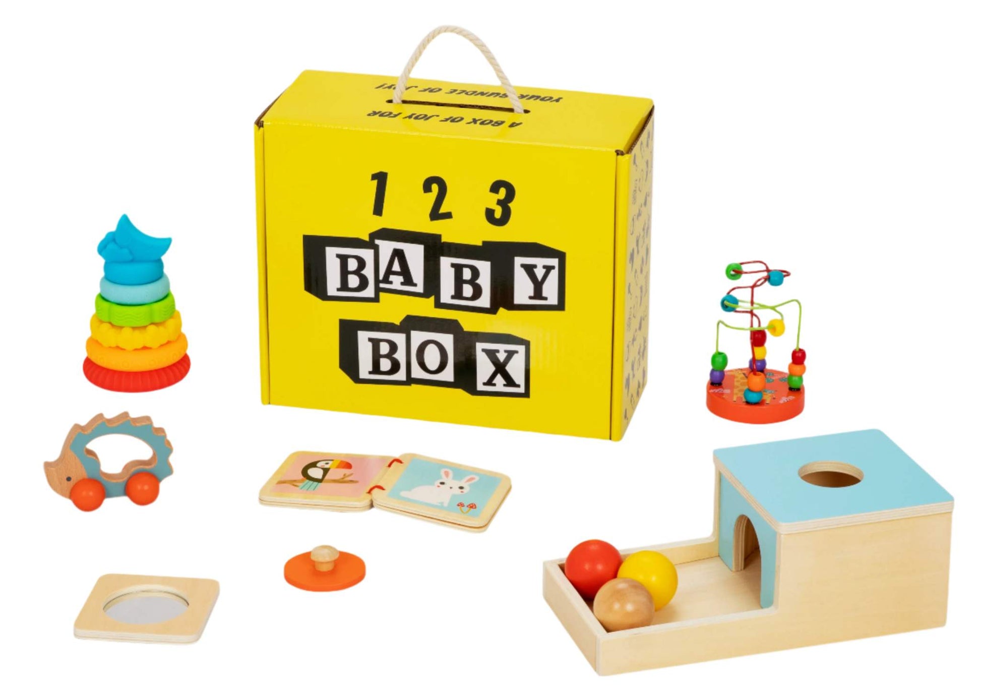 Montessori Educational Box for 5-6 month babies with stacking tower, hedgehog car, mirror puzzle, animal book, bead coaster, and object permanence box
