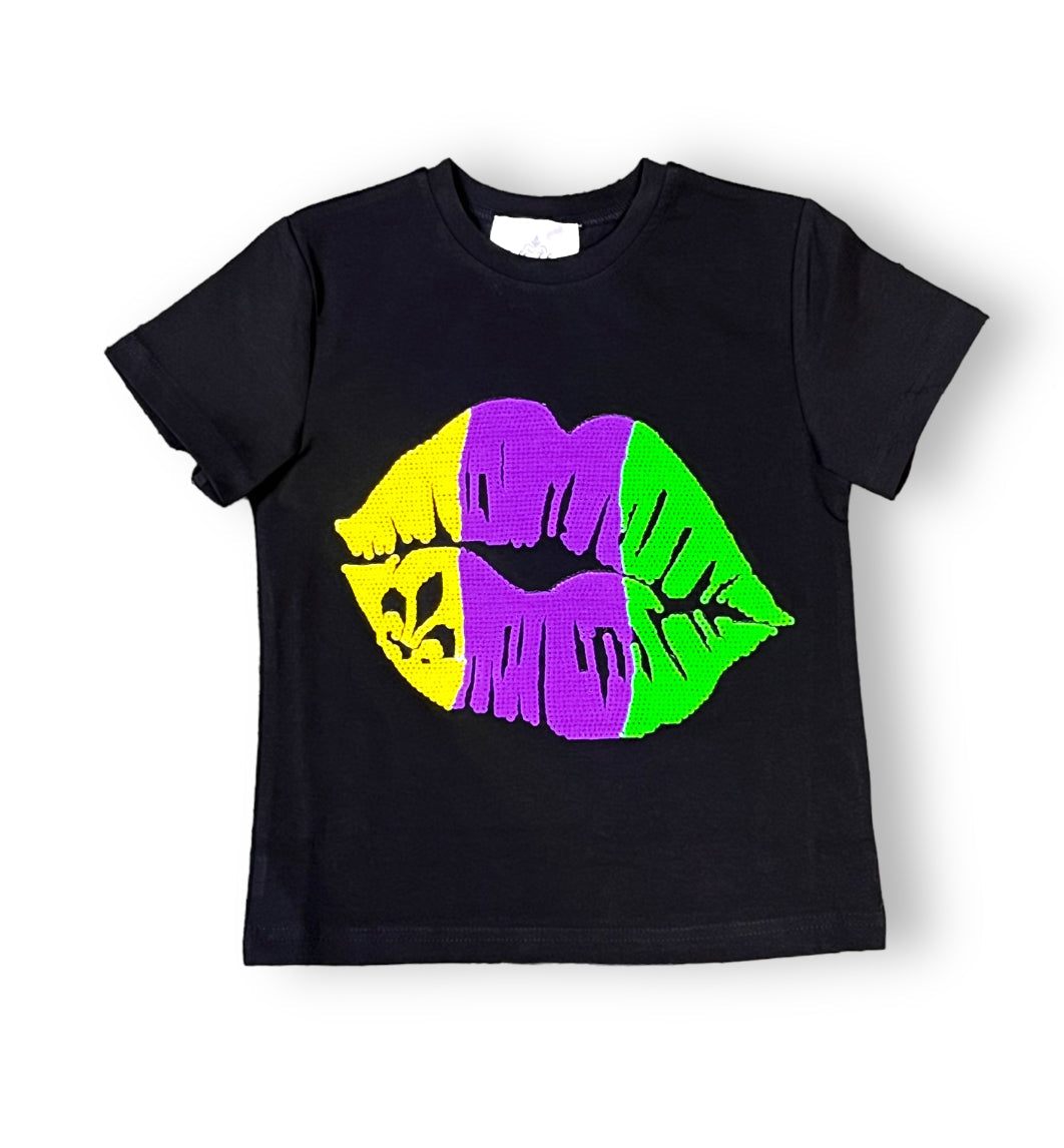 Black kids t-shirt with colorful Mardi Gras lips sequin design