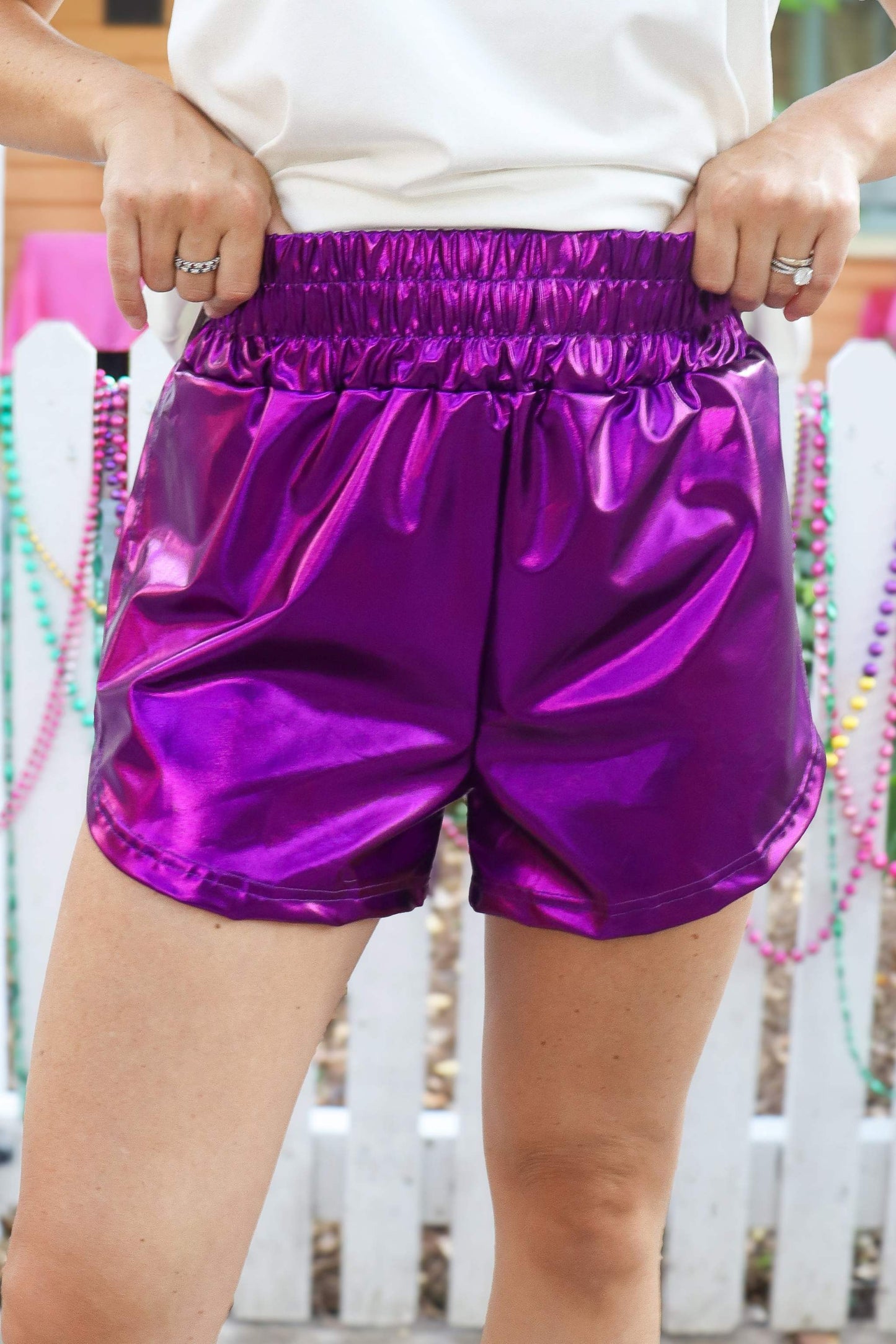Purple Metallic Shorts, front view