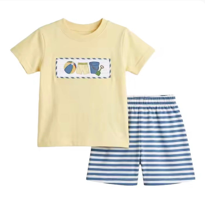 Smocked Beach ball boy short set.