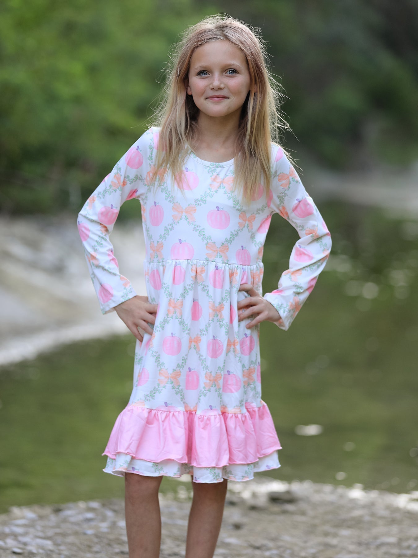 Fall Thanksgiving Pumpkin Pink Ruffle Girls Dress
