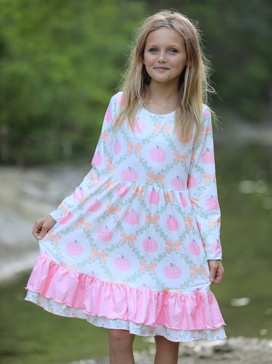 Fall Thanksgiving Pumpkin Pink Ruffle Girls Dress