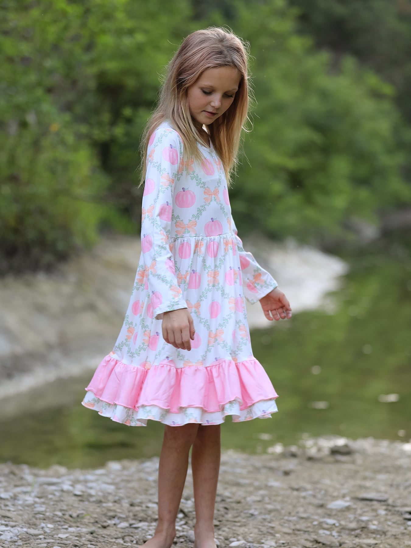 Fall Thanksgiving Pumpkin Pink Ruffle Girls Dress