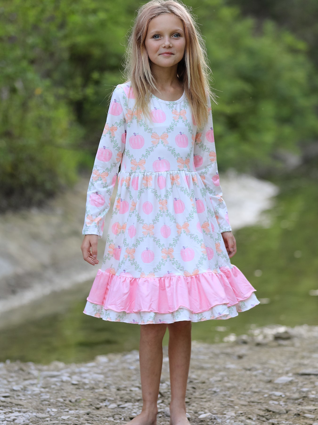 Fall Thanksgiving Pumpkin Pink Ruffle Girls Dress