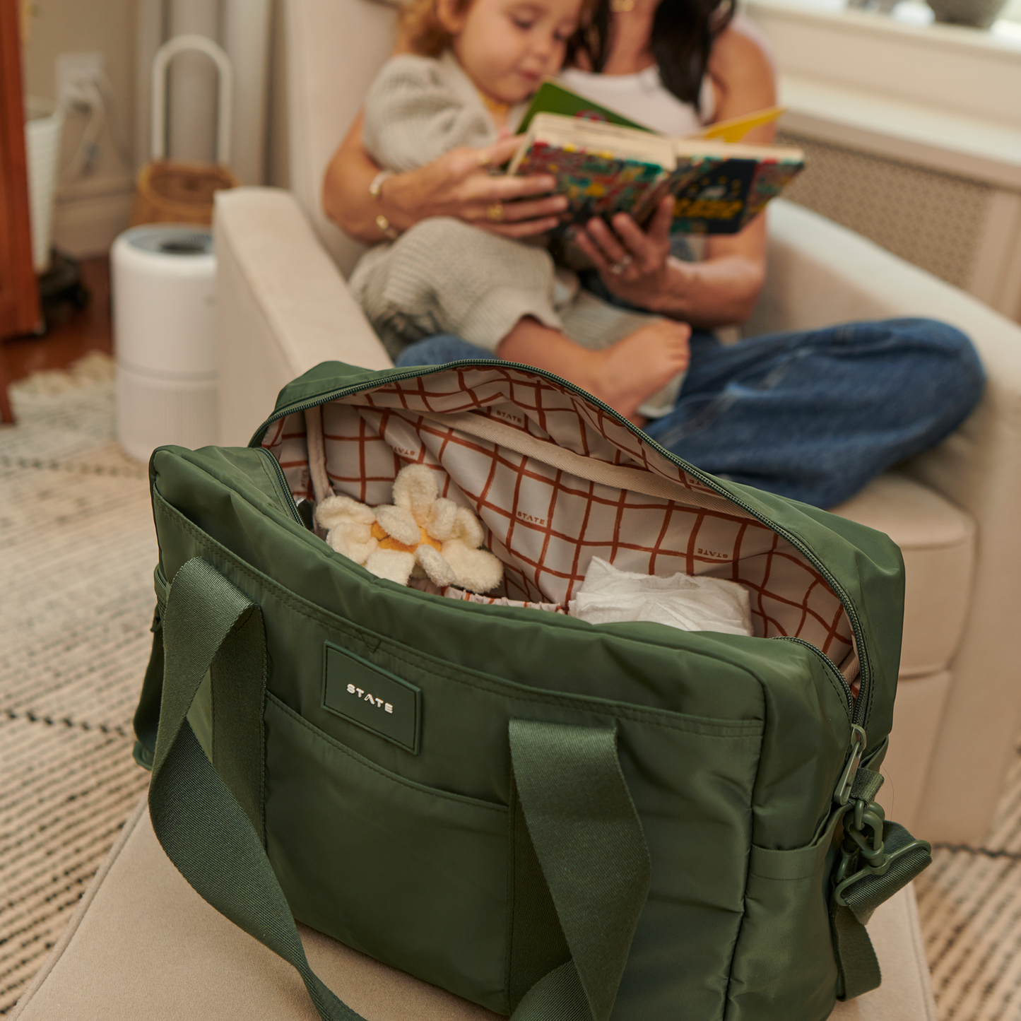 Jordan Diaper Tote in Olive, pocket detail