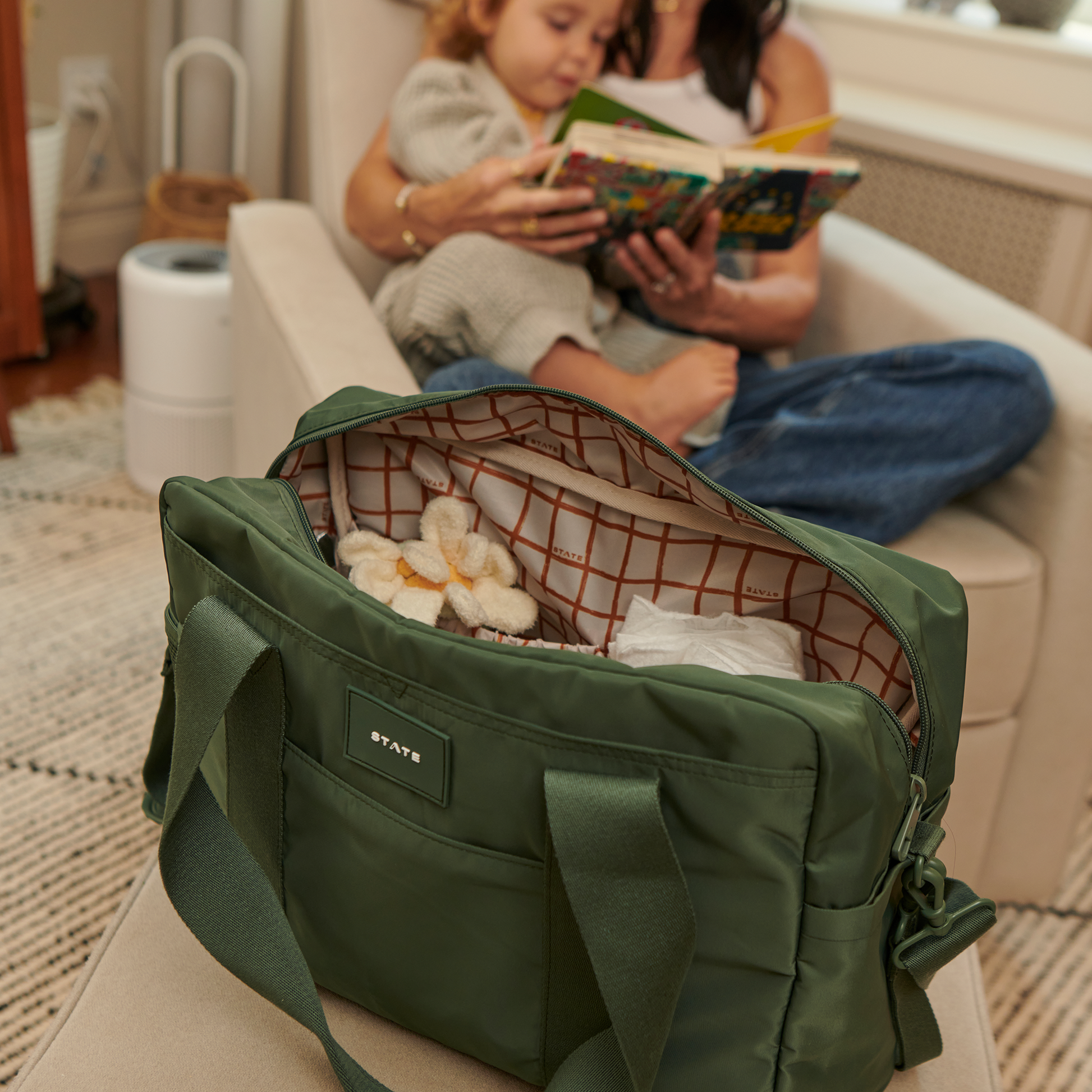 Jordan Diaper Tote in Olive, pocket detail