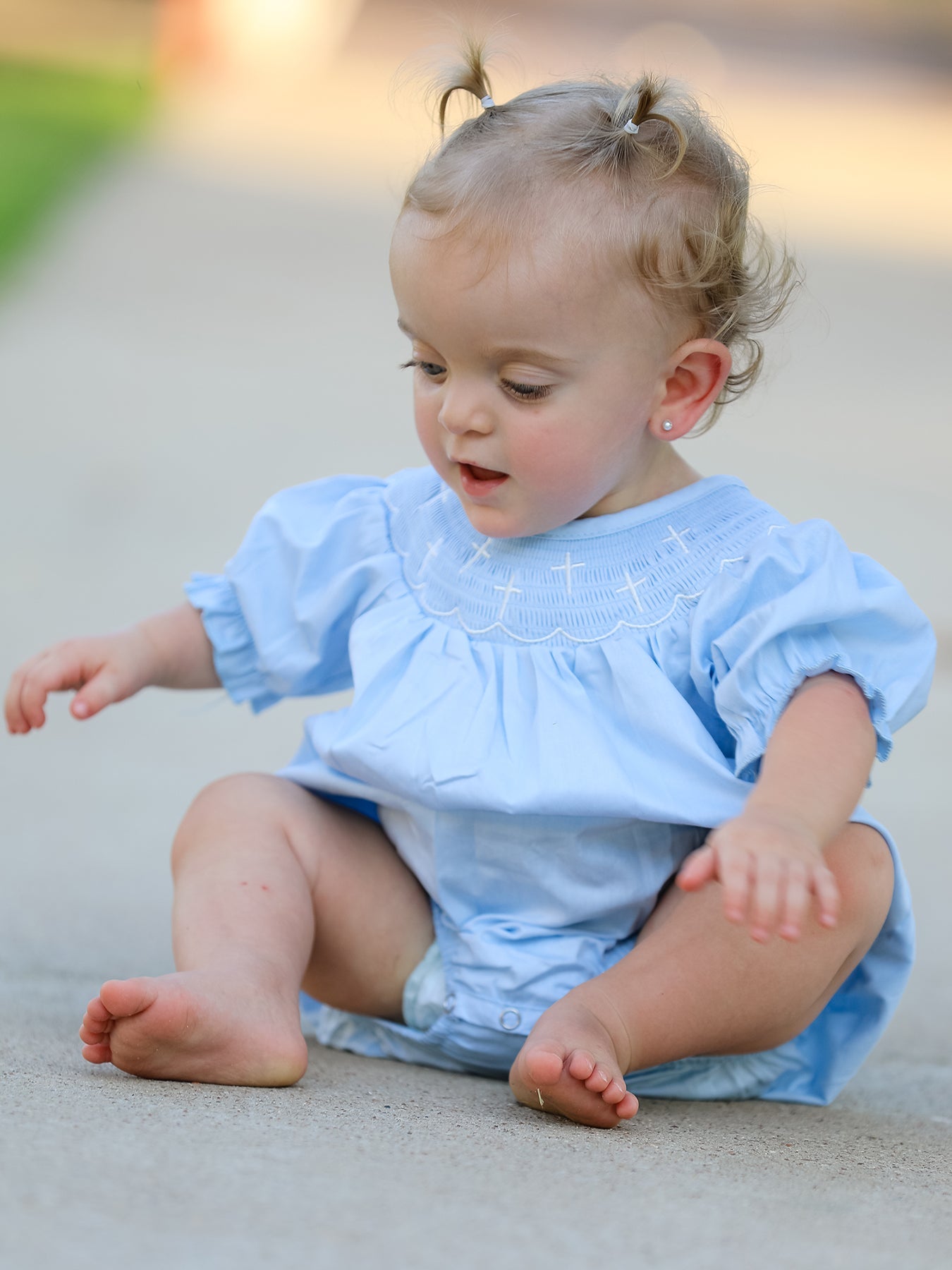 Girls Cross Smocking Embroidered Blue Romper