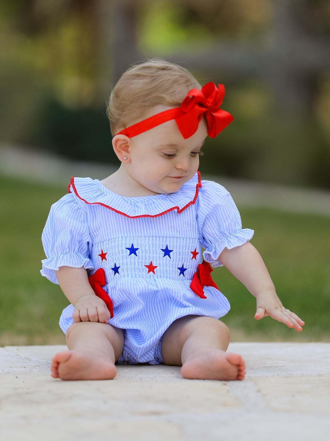 4th of july Girls' Smocking Star Embroidered Romper