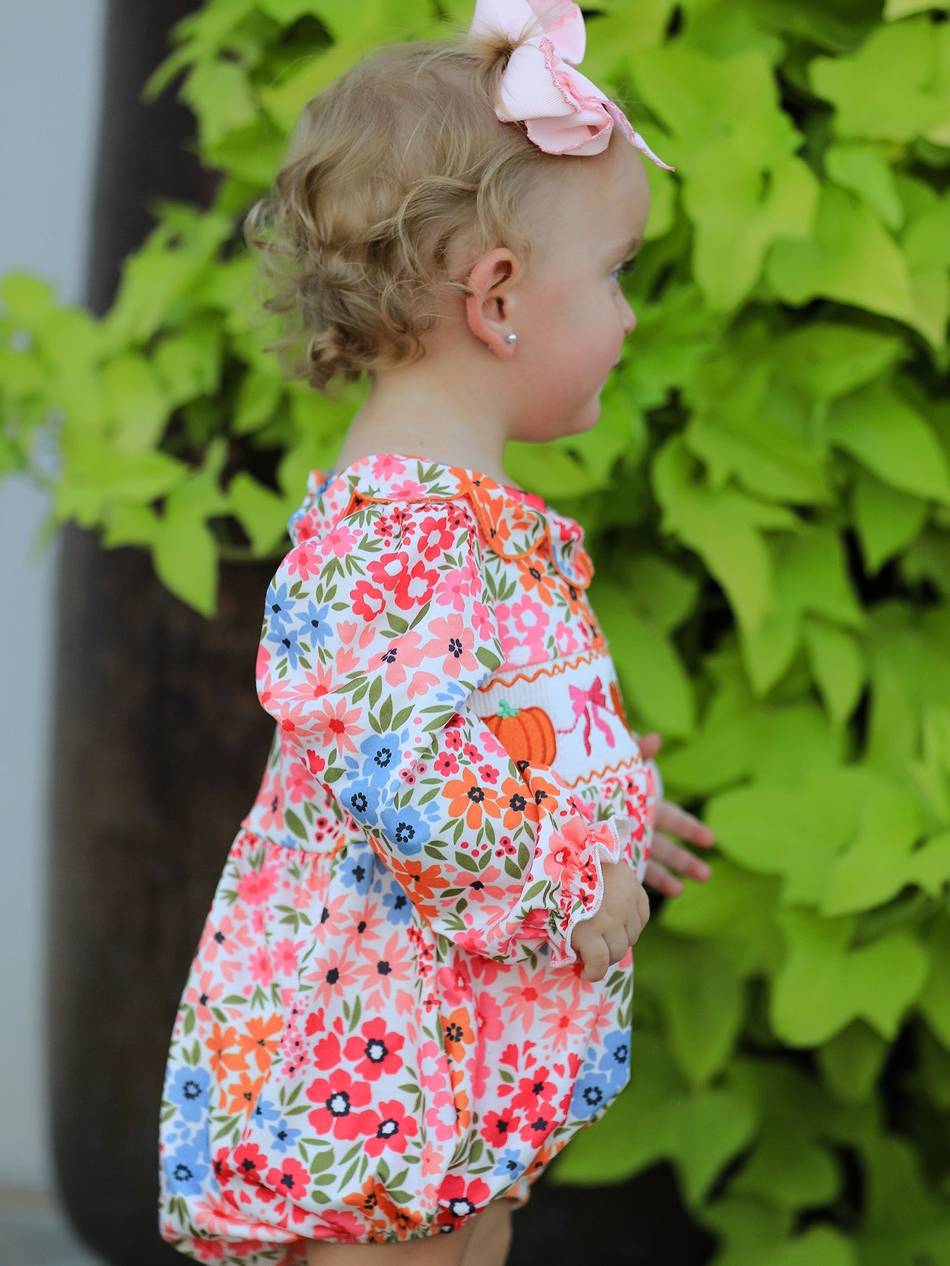 Fall Halloween & Thanksgiving Pumpkin Bow Smock Embroidered Floral Baby Girl Romper