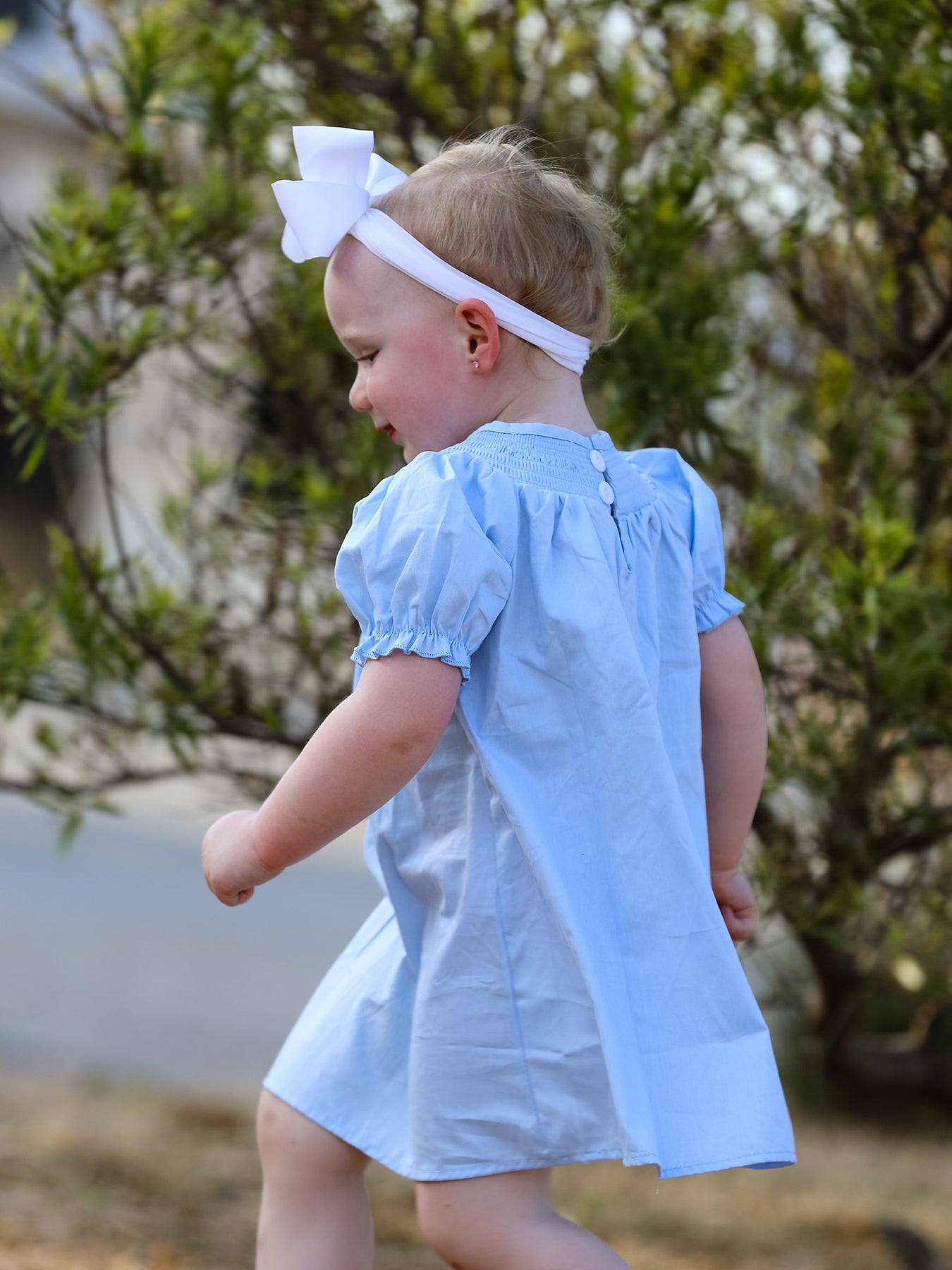 Girls Cross Smocking Embroidered Blue Dress