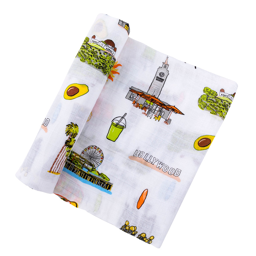 Gift Set: Los Angeles Baby Muslin Swaddle Blanket and Burp Cloth/Bib Combo Soft Breathable Bamboo Cotton
