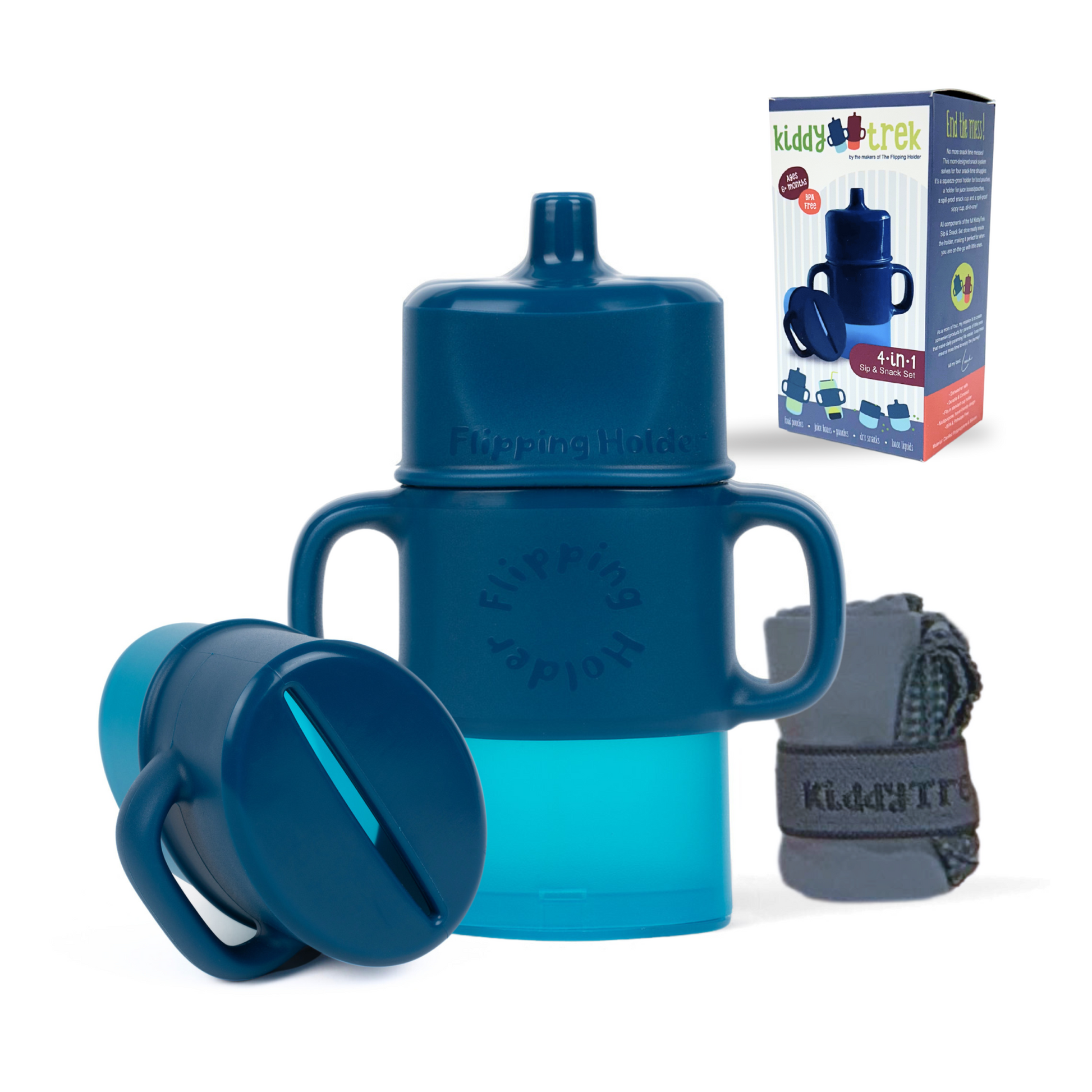 KiddyTrek 4-in-1 Sip & Snack Set - Food Pouch & Juice Box Holder, Snack Cup, Sip Cup ALL IN ONE nursing & feeding front view