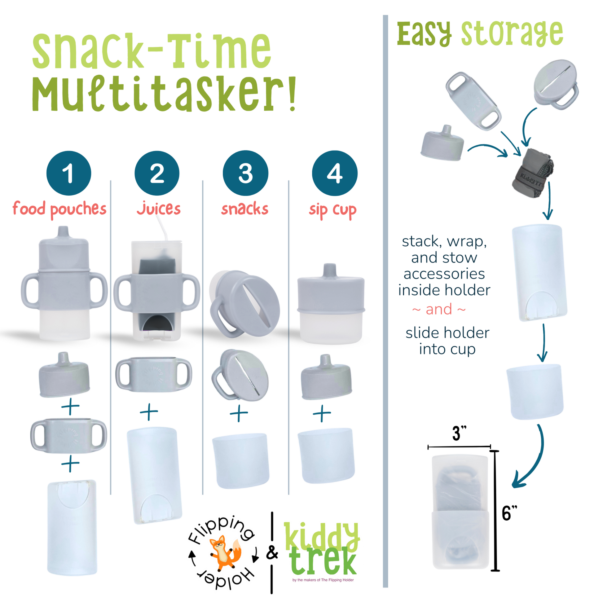 KiddyTrek 4-in-1 Sip & Snack Set - Food Pouch & Juice Box Holder, Snack Cup, Sip Cup ALL IN ONE nursing & feeding side view