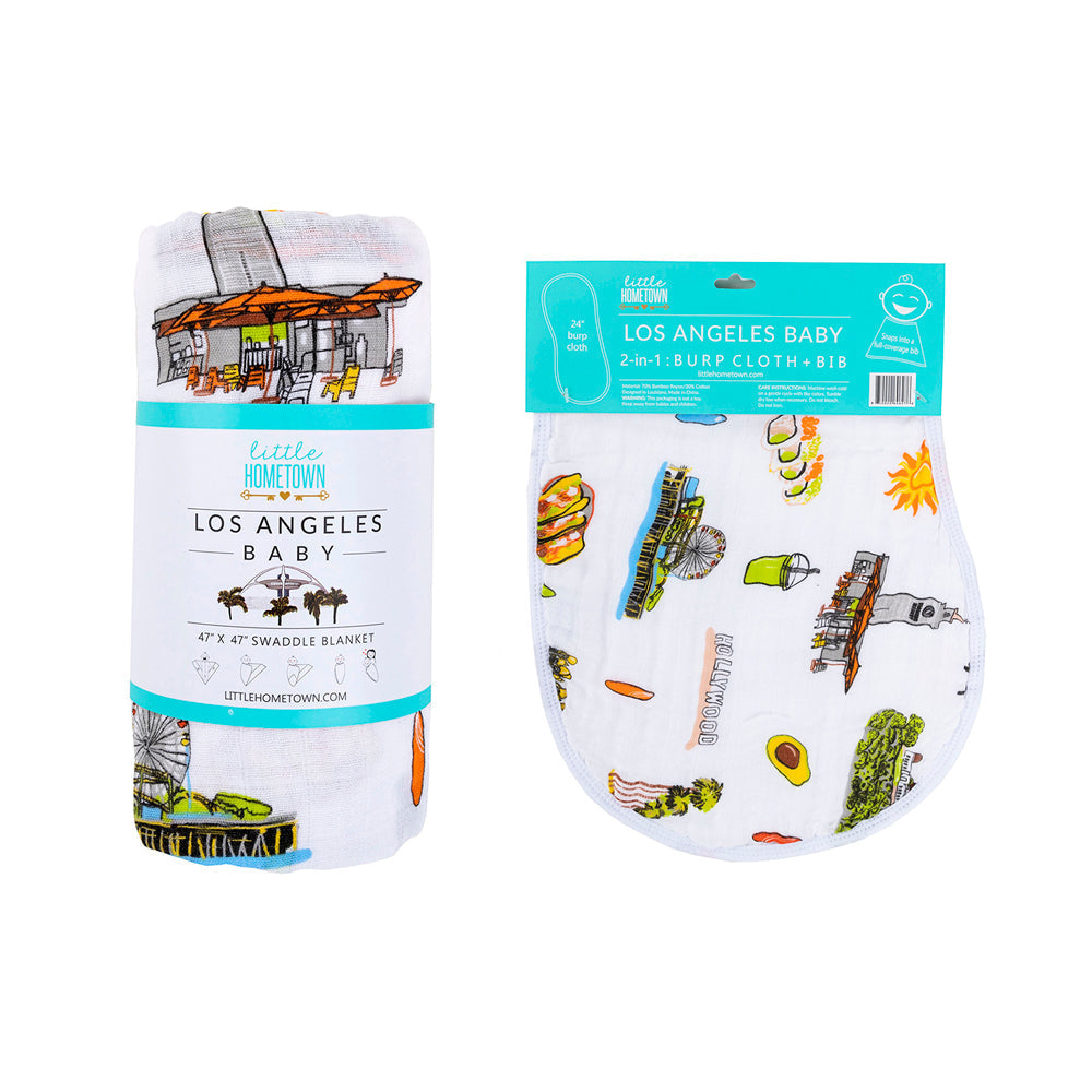 Gift Set: Los Angeles Baby Muslin Swaddle Blanket and Burp Cloth/Bib Combo Soft Breathable Bamboo Cotton