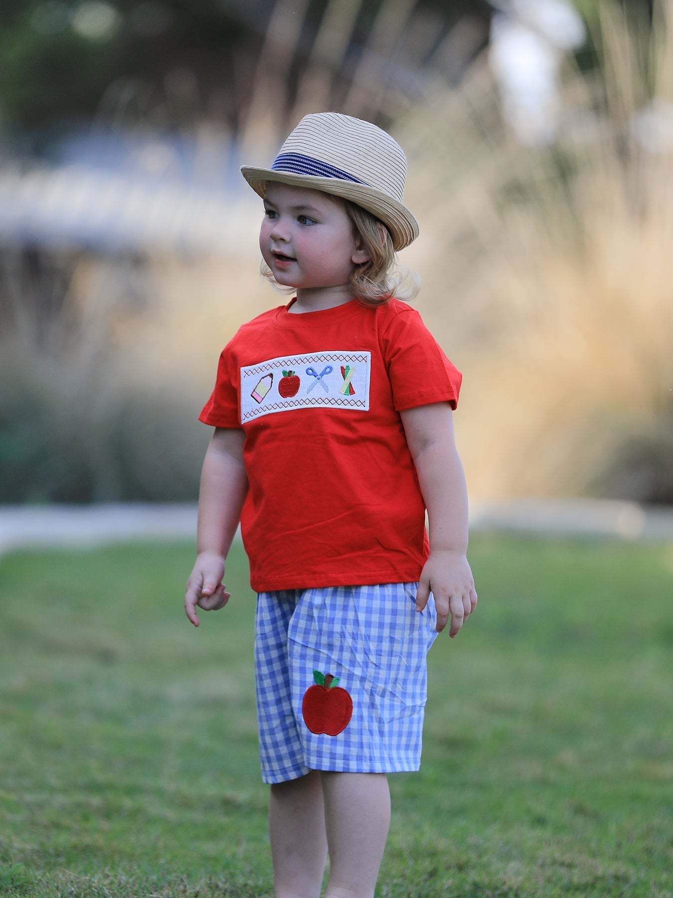 Boys Back to School Pencil Apple Applique Plaid Shorts Set outfit, detail view