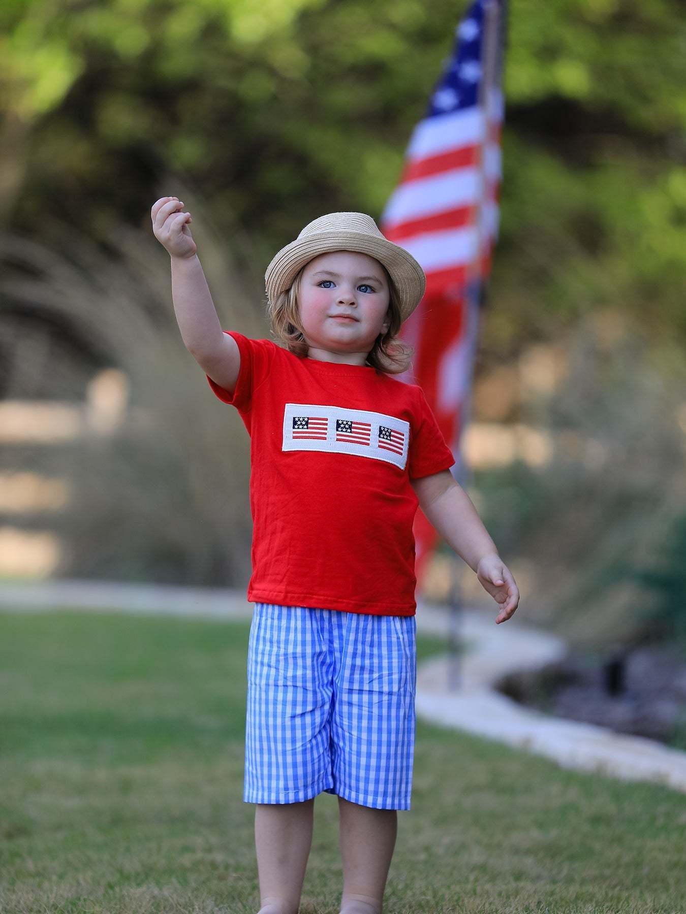 4th of july Flag Embroidery Smocking Boys Set outfit, fabric and material close-up
