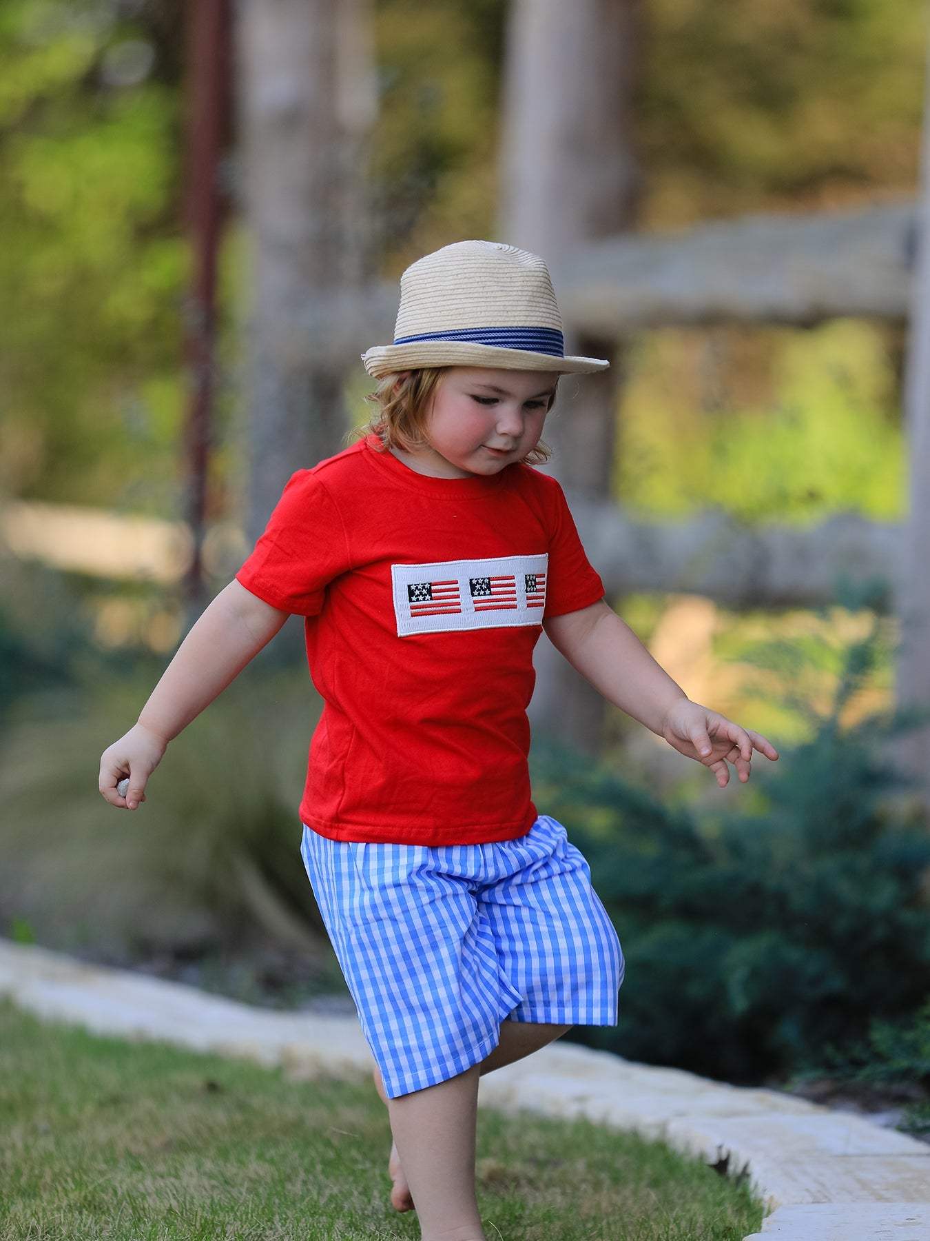 4th of july Flag Embroidery Smocking Boys Set outfit, front view