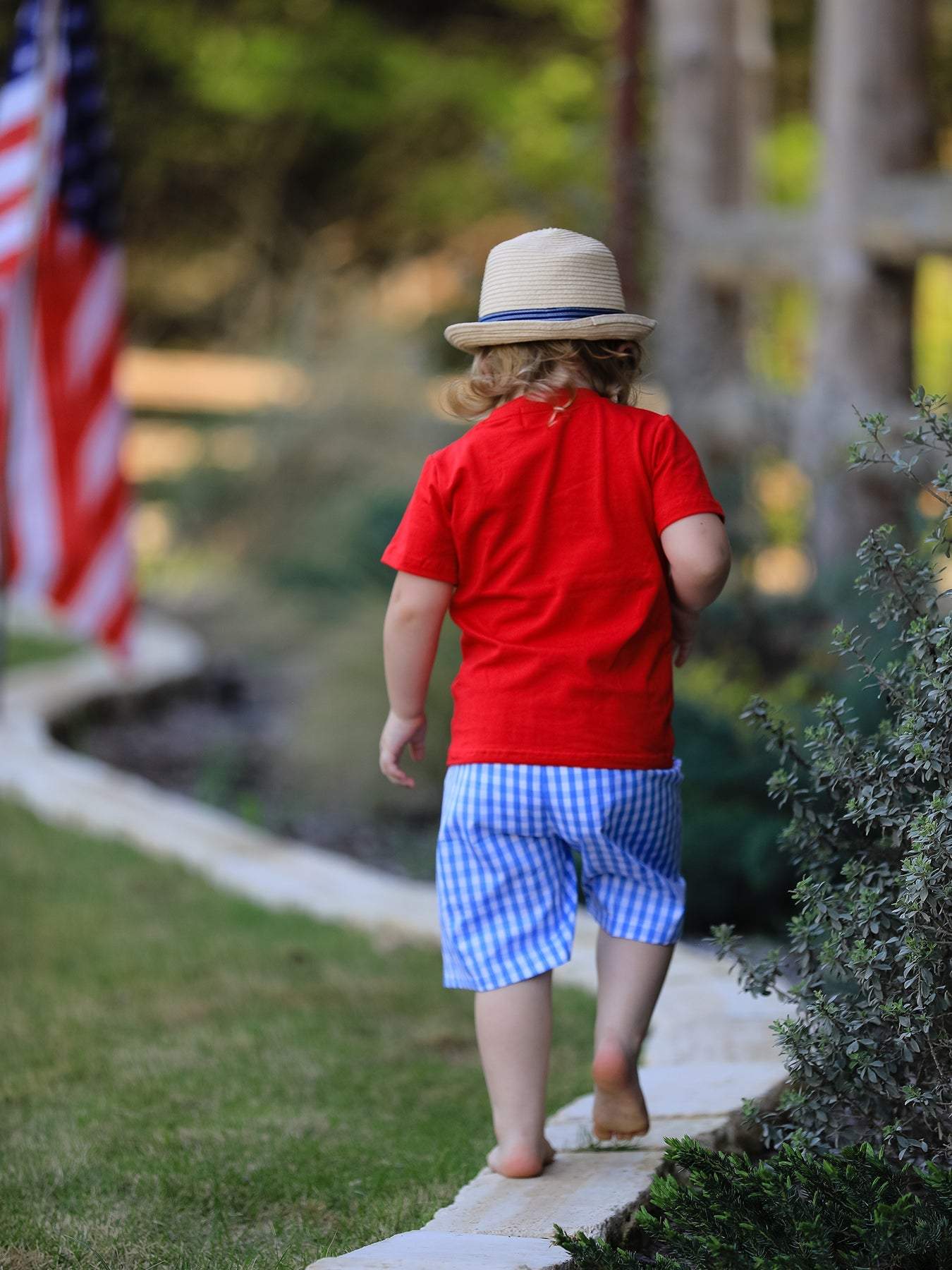 4th of july Flag Embroidery Smocking Boys Set outfit, full length view