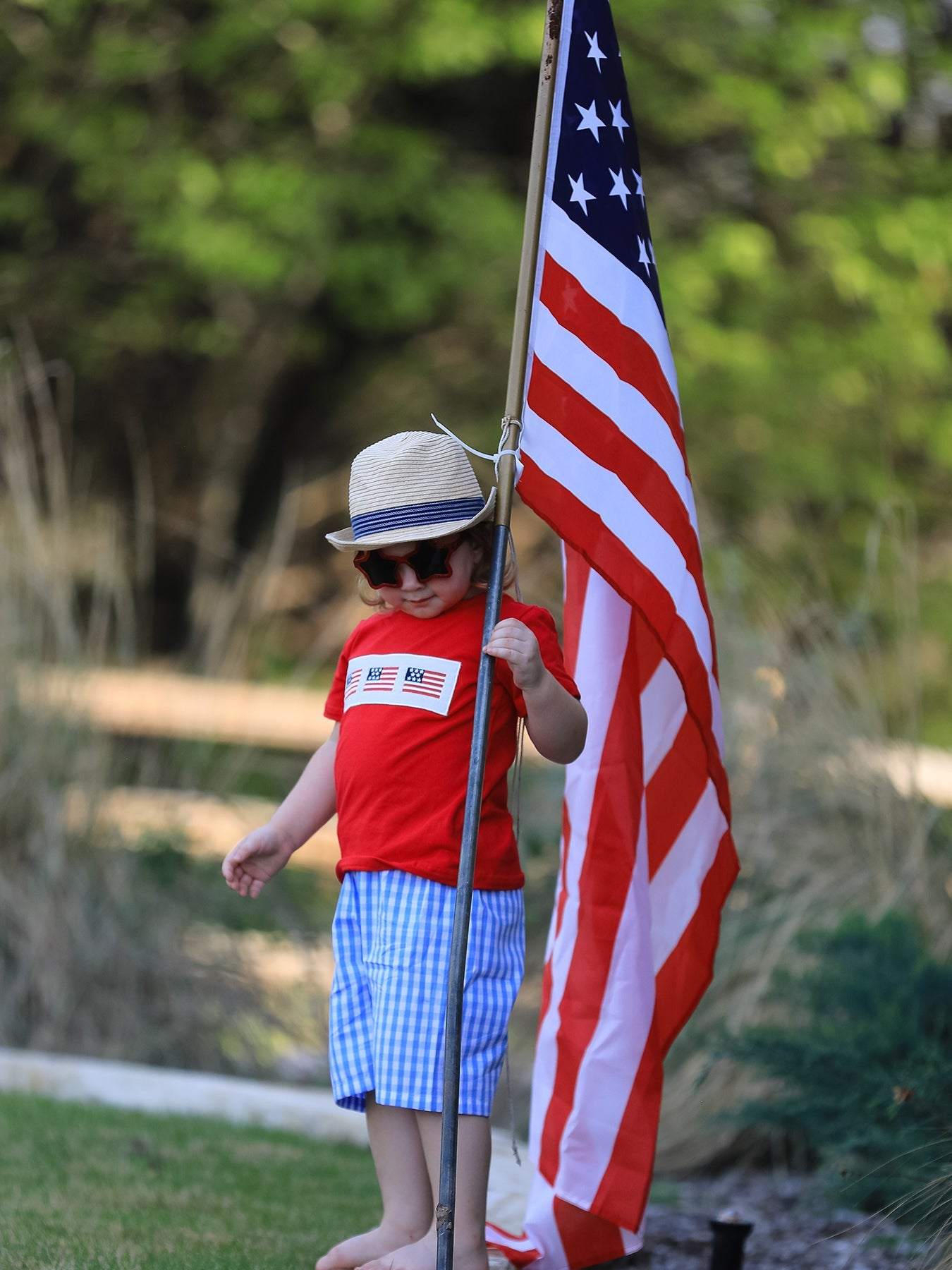 4th of july Flag Embroidery Smocking Boys Set outfit, styling detail