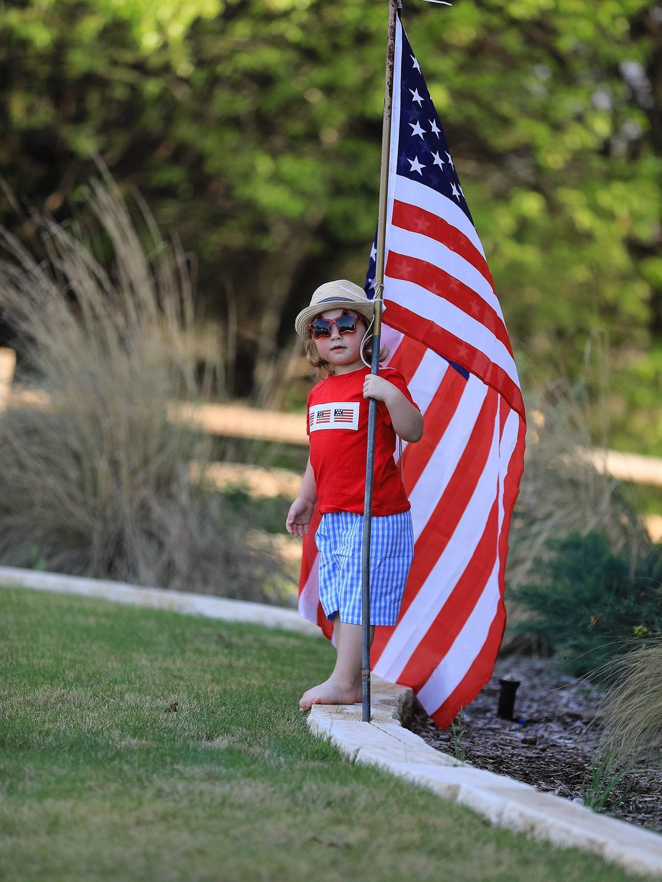 4th of july Flag Embroidery Smocking Boys Set outfit, back view